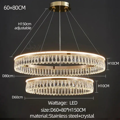 Gold-toned decorbites crystal chandelier double-ring with crystal teardrop accents and stainless steel frame for elegant living spaces