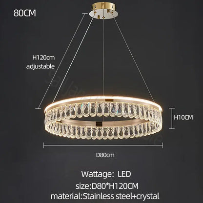 Gold-toned decorbites crystal chandelier with two tiers of stainless steel and crystal droplets for modern luxury living rooms