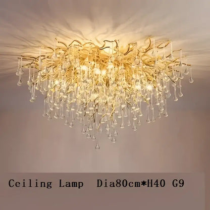 Golden branch-style decorbites crystal chandelier with dangling crystal droplets for modern living room lighting