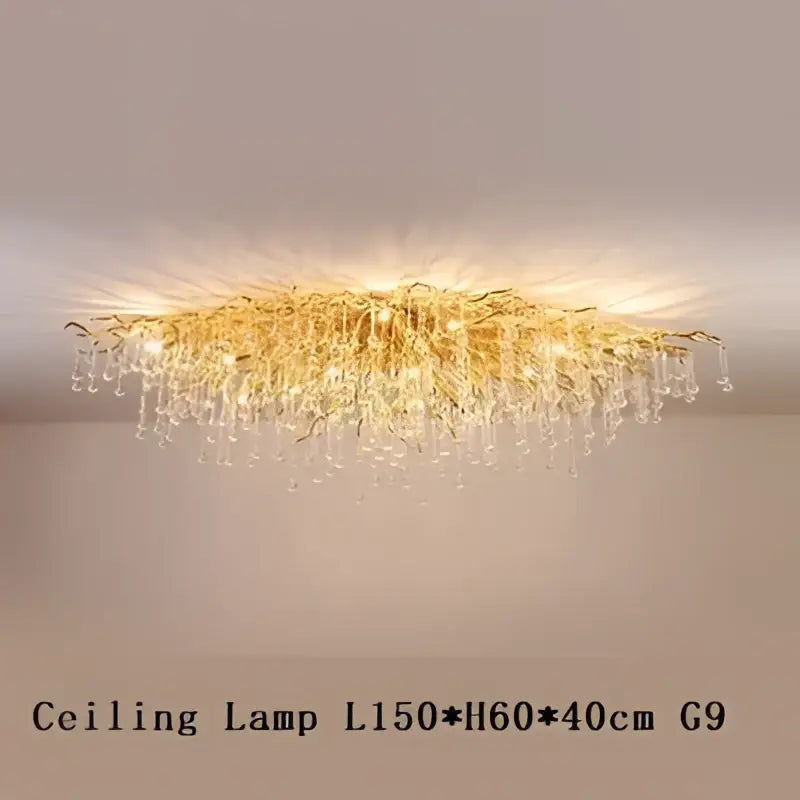 Gold-toned DecorBites crystal chandelier with cascading glass droplets and modern branch-like design for living room lighting