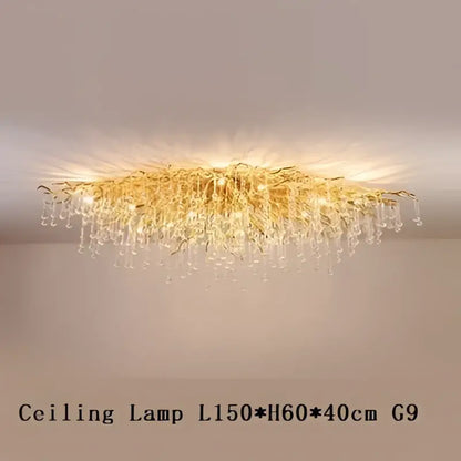 Gold-toned DecorBites crystal chandelier with cascading glass droplets and modern branch-like design for living room lighting