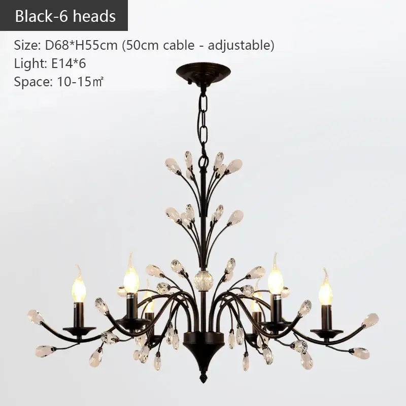 Black wrought iron decorbites crystal chandelier with six candle-style lights and clear crystal teardrop accents