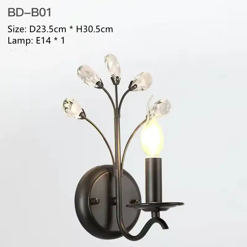 Black wrought iron wall sconce with five crystal teardrop accents and candle-style bulbs decorbites crystal chandelier vintage style