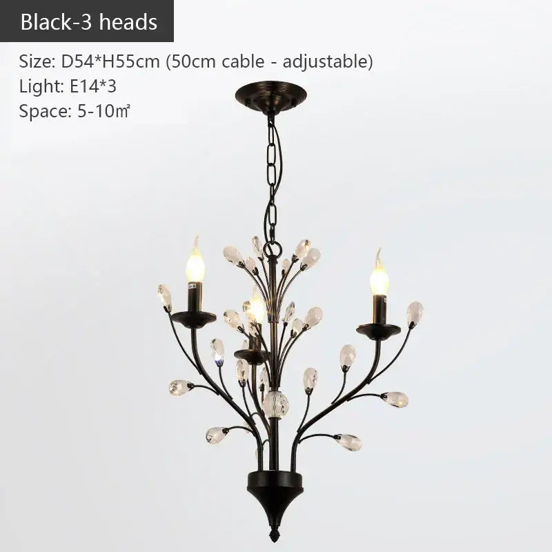 Black wrought iron DecorBites crystal chandelier with three candle-style lights and clear crystal accents for modern lighting