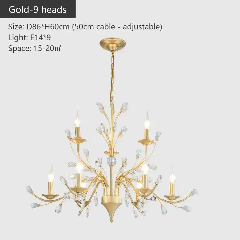 Gold decorbites crystal chandelier with nine candle-style LED lights and clear crystal accents for vintage american style decor