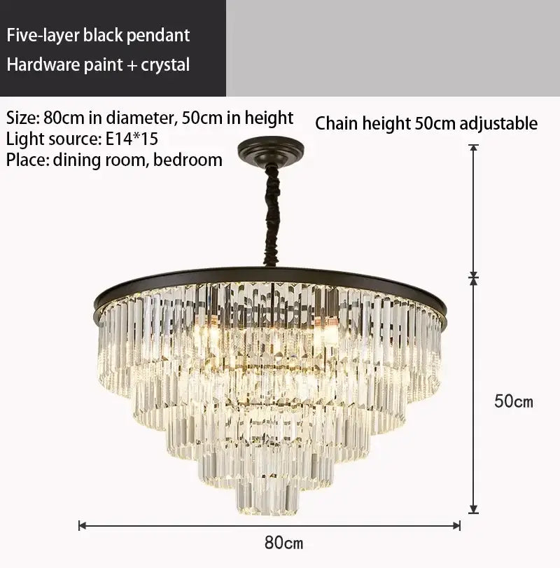 Elegant five-layer black DecorBites crystal chandelier with cascading crystal rods and adjustable chain for modern home decor