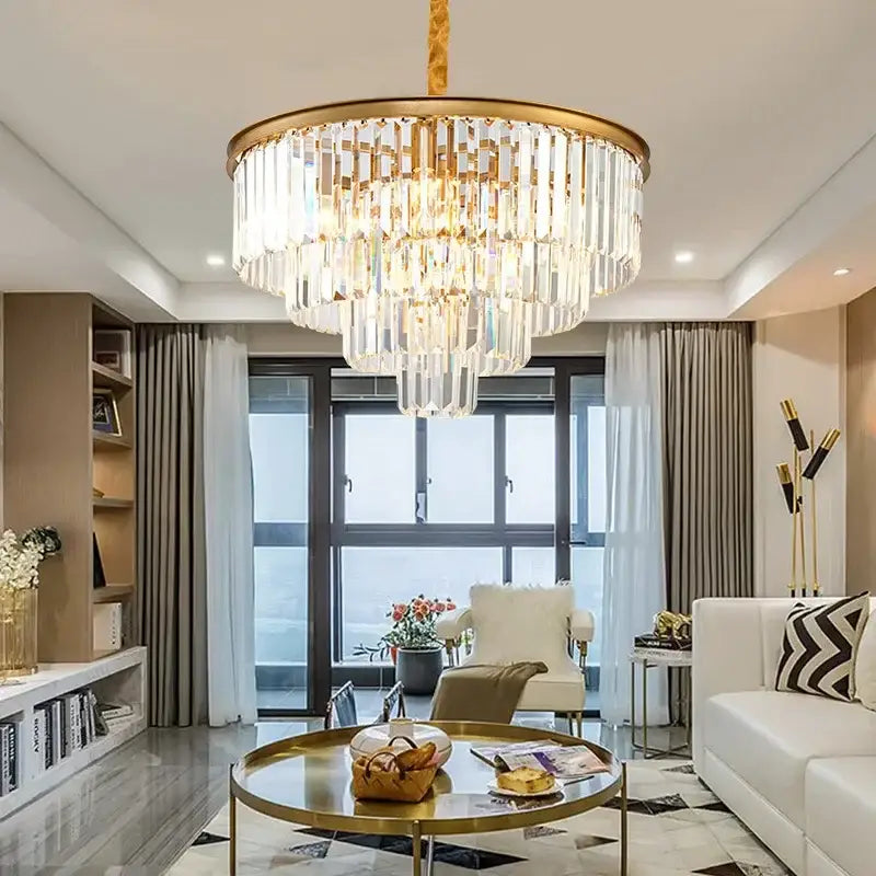 Decorbites crystal chandelier with multi-tiered gold-finished frame and hanging glass rods for modern home decor