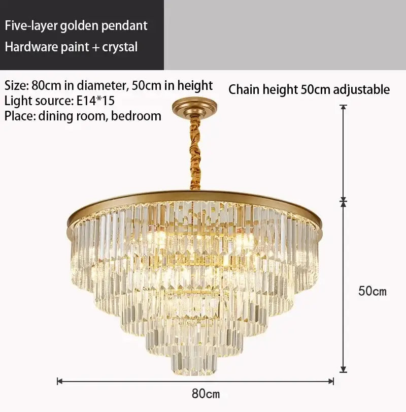 Golden five-layer decorbites crystal chandelier pendant light with crystal rods and hardware paint finish for home decor