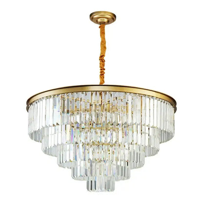 A multi-tiered decorbites crystal chandelier with gold-finished metal frame and fabric cord for modern home decor