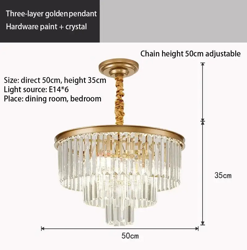 Golden three-layer decorbites crystal chandelier with crystal rods modern led pendant light for home decor
