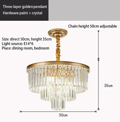 Golden three-layer decorbites crystal chandelier with crystal rods modern led pendant light for home decor