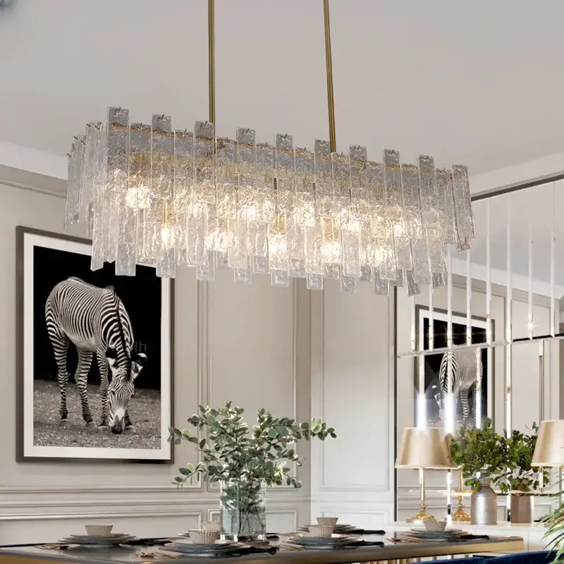 Decorbites crystal chandelier modern rectangular LED pendant light with translucent glass panels and gold metal accents