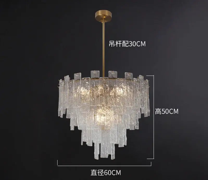 Decorbites crystal chandelier modern led pendant light with cascading frosted glass shards and brass finish rod