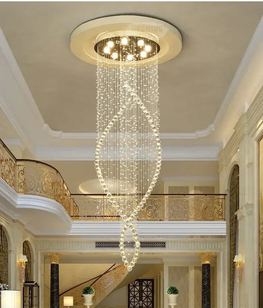 A decorbites crystal chandelier with cascading clear glass beads and embedded LED lights for elegant villa halls