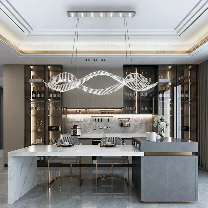A decorbites crystal chandelier with clear crystal serpentine design and metallic frame for modern luxury lighting