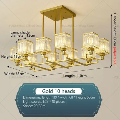 Gold-colored decorbites crystal chandelier with ten clear crystal lampshades in rectangular grid for modern luxury lighting