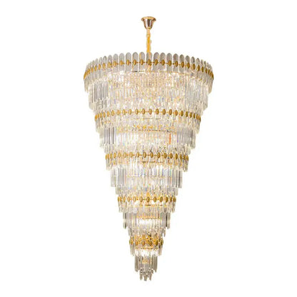 Decorbites crystal chandelier featuring multi-tiered gold accents and cascading clear glass rods for luxury lighting