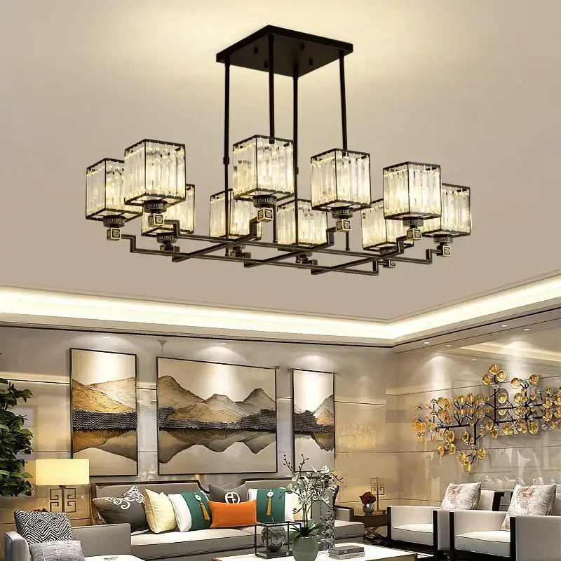 Black metal DecorBites crystal chandelier with clear crystal cube shades for modern living rooms and hotels
