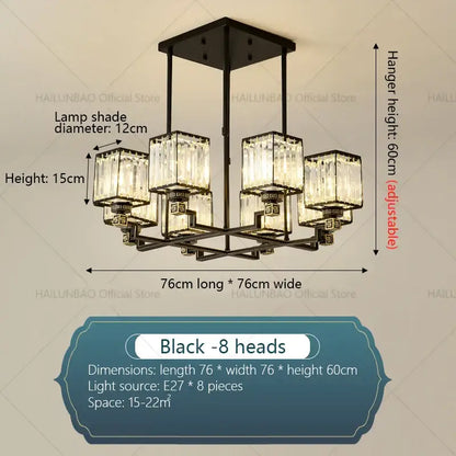 Black metal DecorBites crystal chandelier with eight clear crystal lamp shades for modern luxury interiors