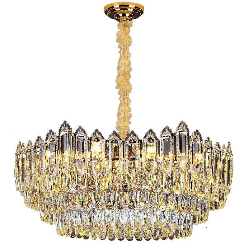 Golden decorbites crystal chandelier with cascading crystal prisms and twisted translucent stem for modern luxury lighting
