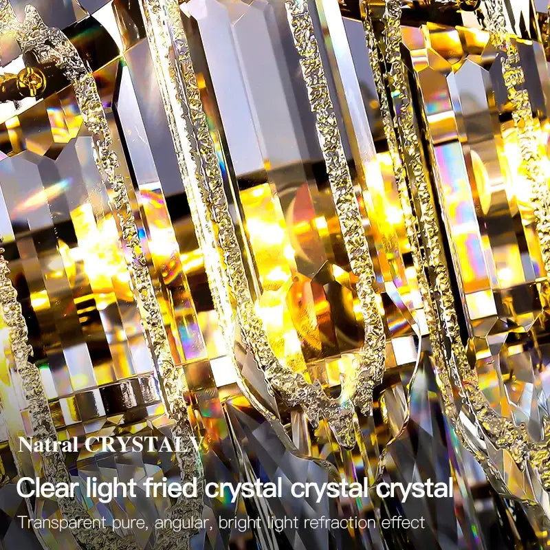 Decorbites crystal chandelier featuring golden frame and clear light-fried facets for modern living room luxury