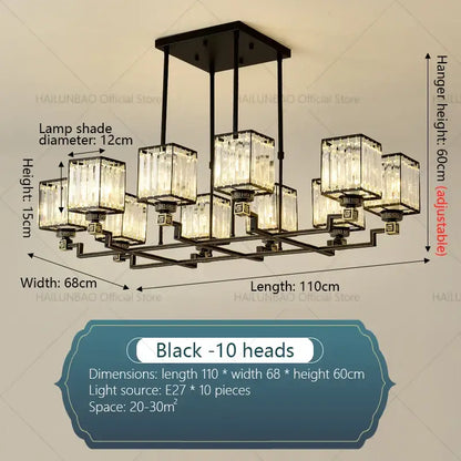 Black DecorBites crystal chandelier with ten crystal cube shades and sleek metal frame for modern luxury spaces