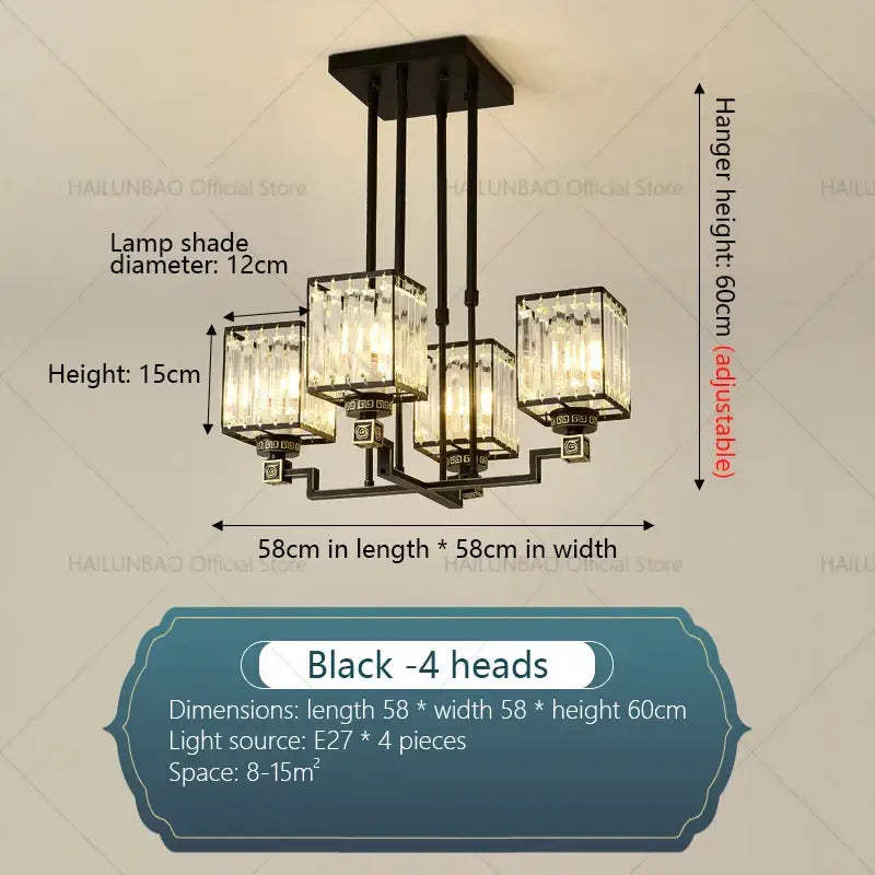 Black metal decorbites crystal chandelier with four crystal-encased light heads for modern luxury lighting