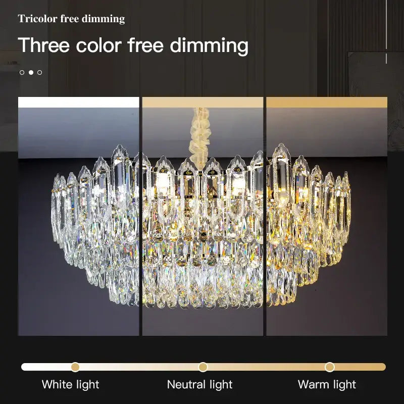 DecorBites crystal chandelier with three tiers of faceted glass prisms and gold fixture featuring tricolor dimming