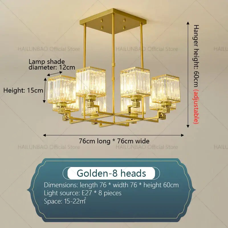 Decorbites crystal chandelier with eight golden crystal lampshades and brass frame for luxury living spaces