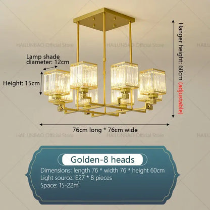 Decorbites crystal chandelier with eight golden crystal lampshades and brass frame for luxury living spaces