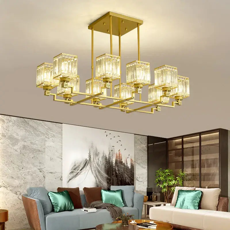 Gold-toned decorbites crystal chandelier with clear rectangular shades in geometric grid for modern luxury lighting