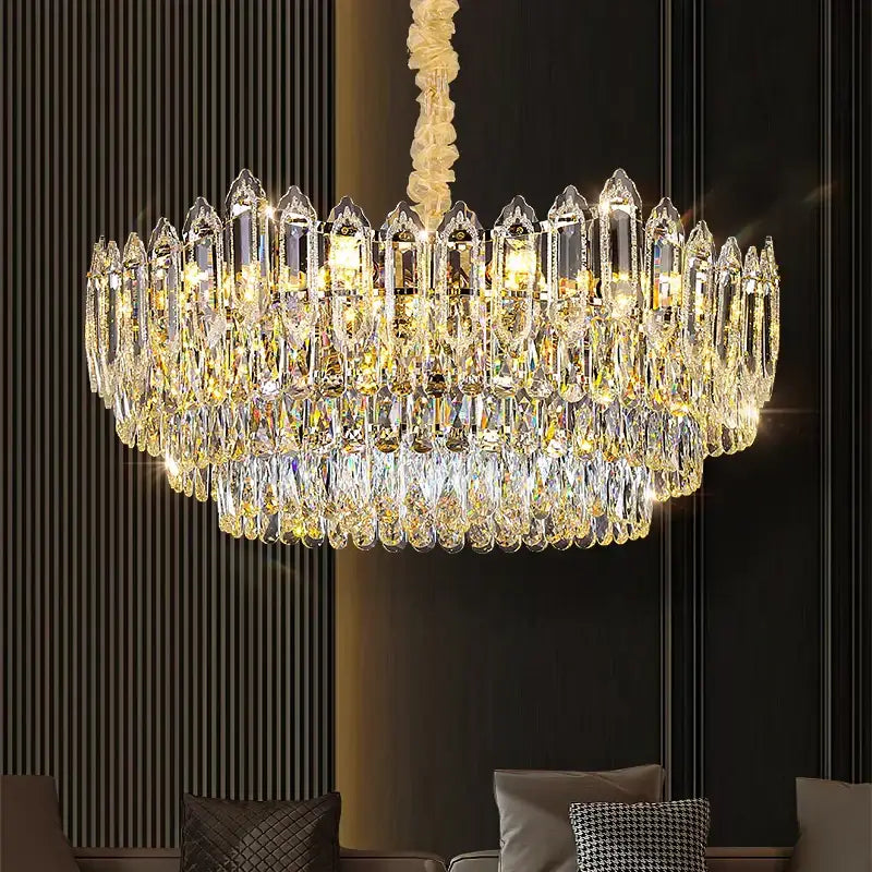 DecorBites crystal chandelier with multiple tiers of faceted glass prisms and warm lights for modern luxury interiors