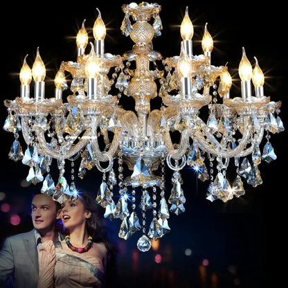 DecorBites crystal chandelier is a multi-tiered lighting fixture with gold-toned metal and faceted crystals for modern living