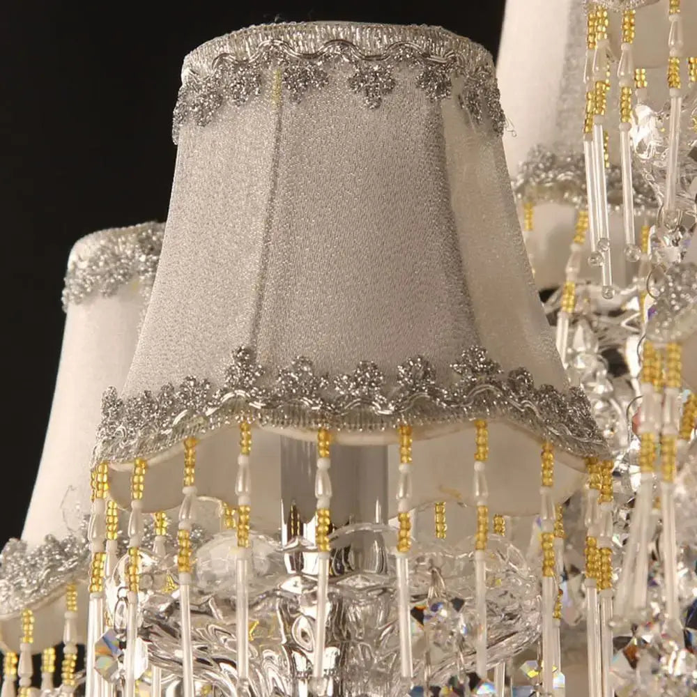 Silver beaded lampshade with intricate lace trim and gold white beads in decorbites crystal chandelier lighting fixture