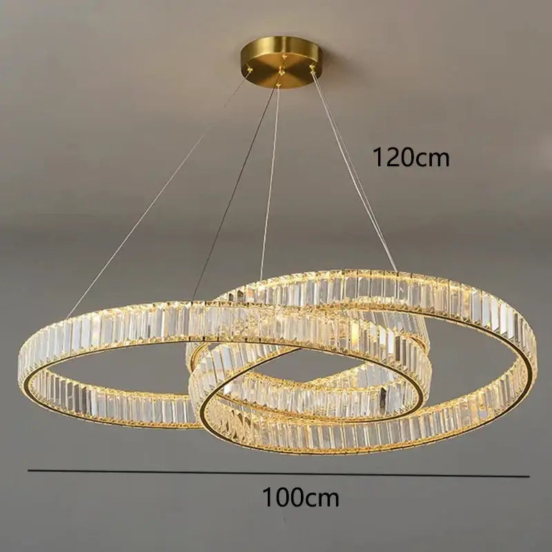 Gold-toned double-ring decorbites crystal chandelier with clear faceted crystal bars for modern living and dining rooms