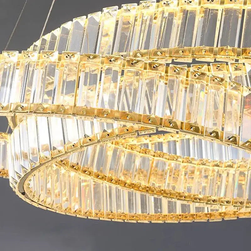 Decorbites crystal chandelier with clear rectangular prisms and polished gold frame for modern living and dining rooms