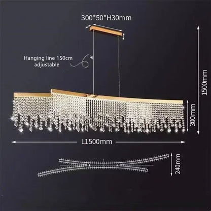 Gold-toned decorbites crystal chandelier featuring cascading crystal droplets and wooden top bar for modern living room and kitchen