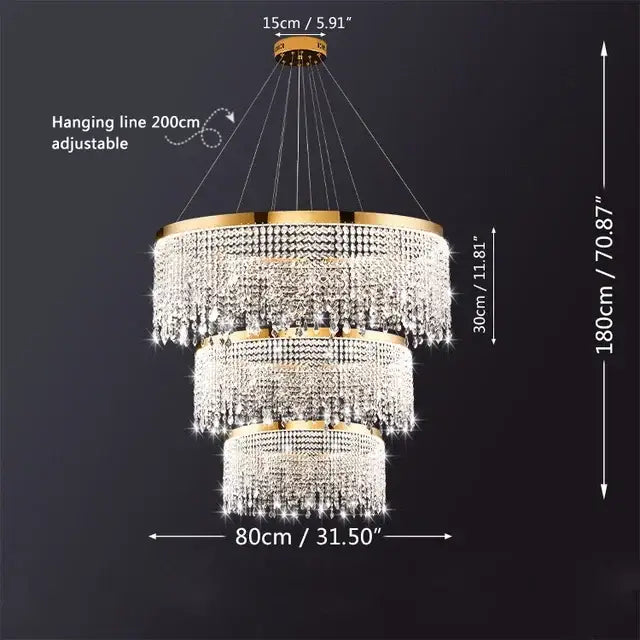 Gold-toned decorbites crystal chandelier with three tiers of cascading crystal beads for modern living spaces