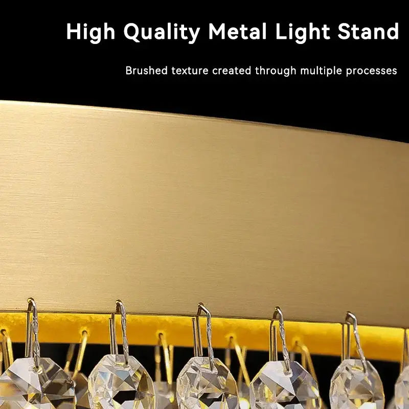 Gold-colored metal light stand with brushed finish and hanging crystal ornaments in decorbites crystal chandelier for modern rooms