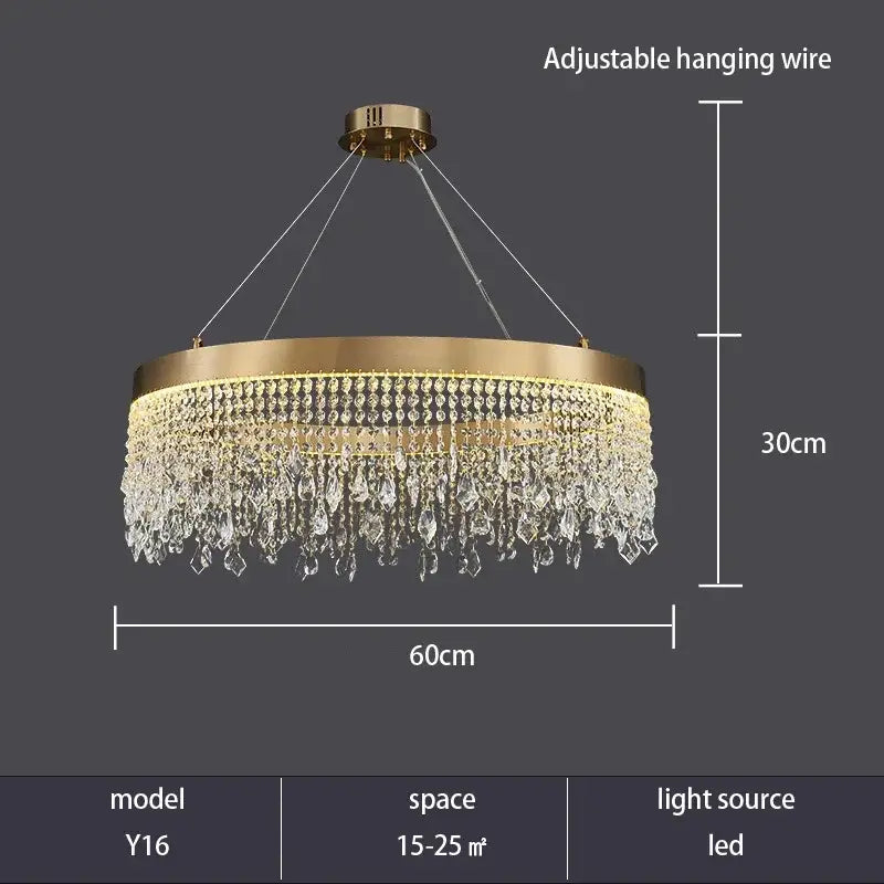 Gold-toned decorbites crystal chandelier with cascading clear crystal droplets and led lighting for modern interiors