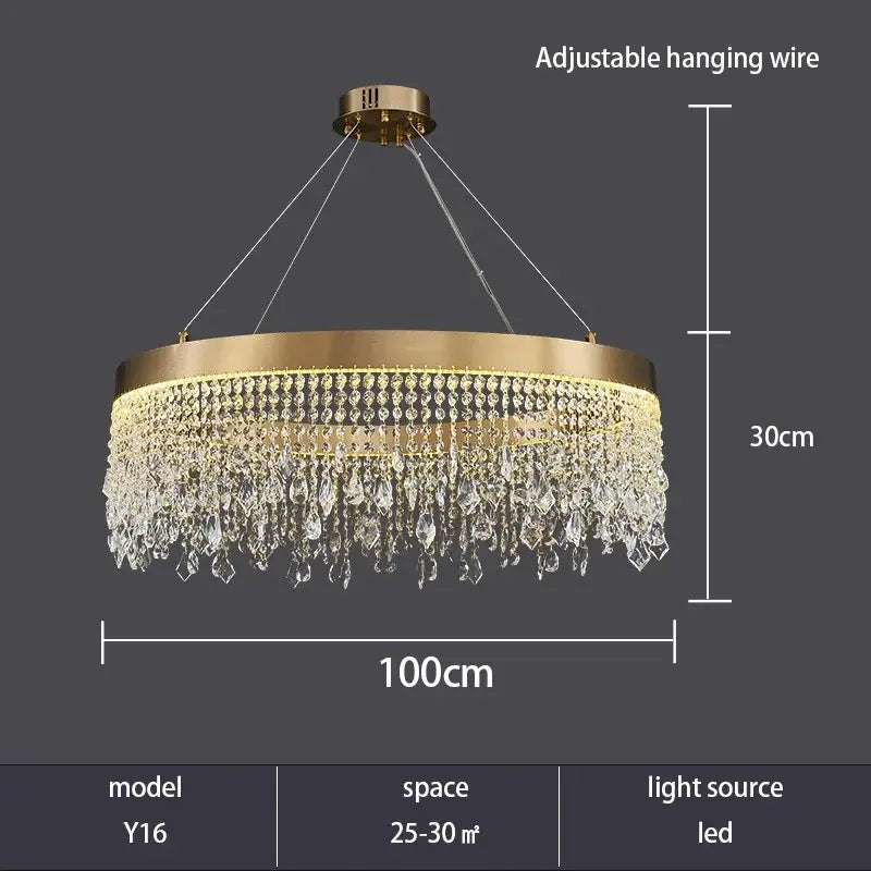 Gold-toned decorbites crystal chandelier with cascading clear crystal droplets and led lighting for modern rooms