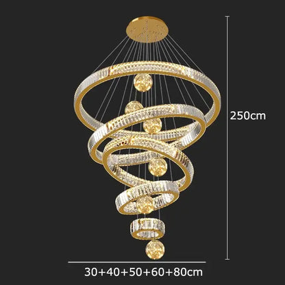 DecorBites crystal chandelier golden spiral design with crystal rings and spherical accents for elegant lighting