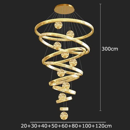 Golden spiral decorbites crystal chandelier with textured rings and spherical crystal accents for elegant interior lighting