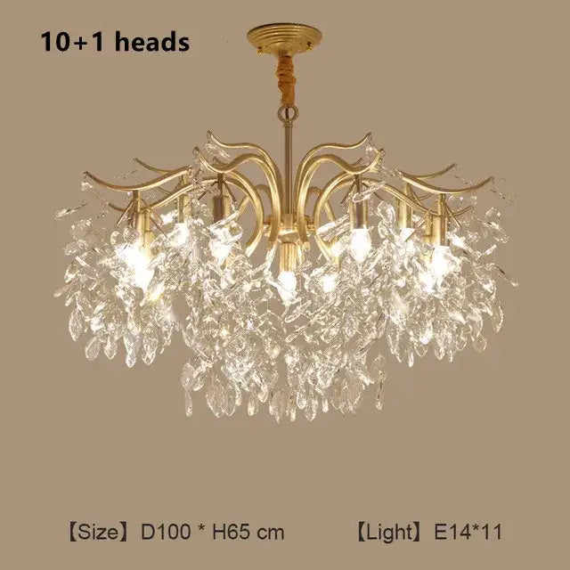 DecorBites crystal chandelier with 10 light heads and cascading crystal leaves for modern luxe living room lighting