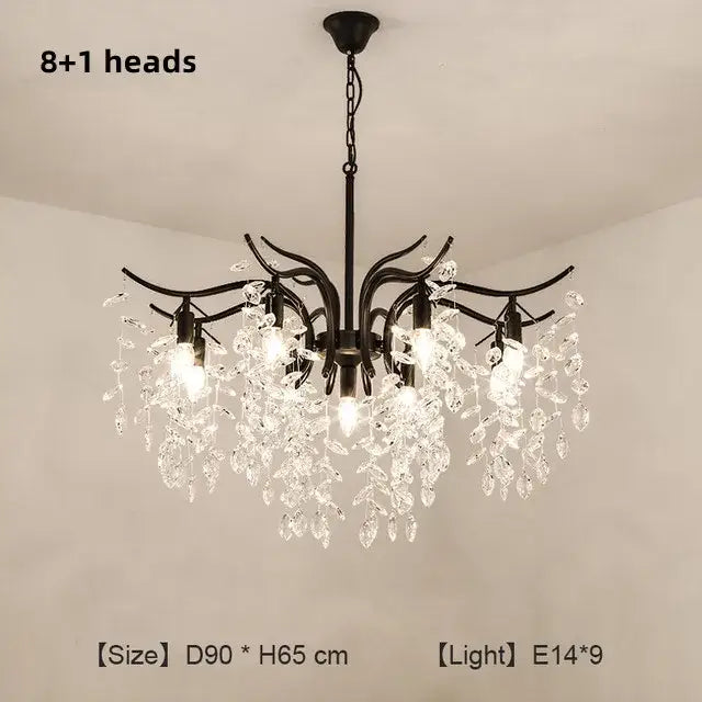 Black wrought iron decorbites crystal chandelier with eight illuminated crystal pendants for living room and bedroom lighting