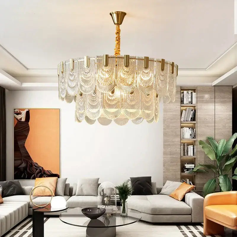 Decorbites crystal chandelier with gold metal frame and cascading clear fan-shaped crystals for modern luxury lighting