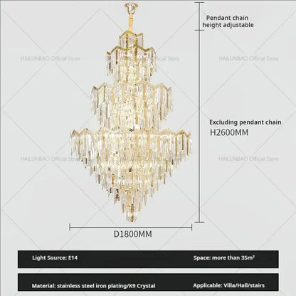 Gold-toned decorbites crystal chandelier with cascading k9 crystal prisms and stainless steel iron plating for luxury spaces