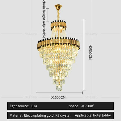 Gold electroplated decorbites crystal chandelier with cascading tiers of k9 crystal for duplex villas and banquet halls