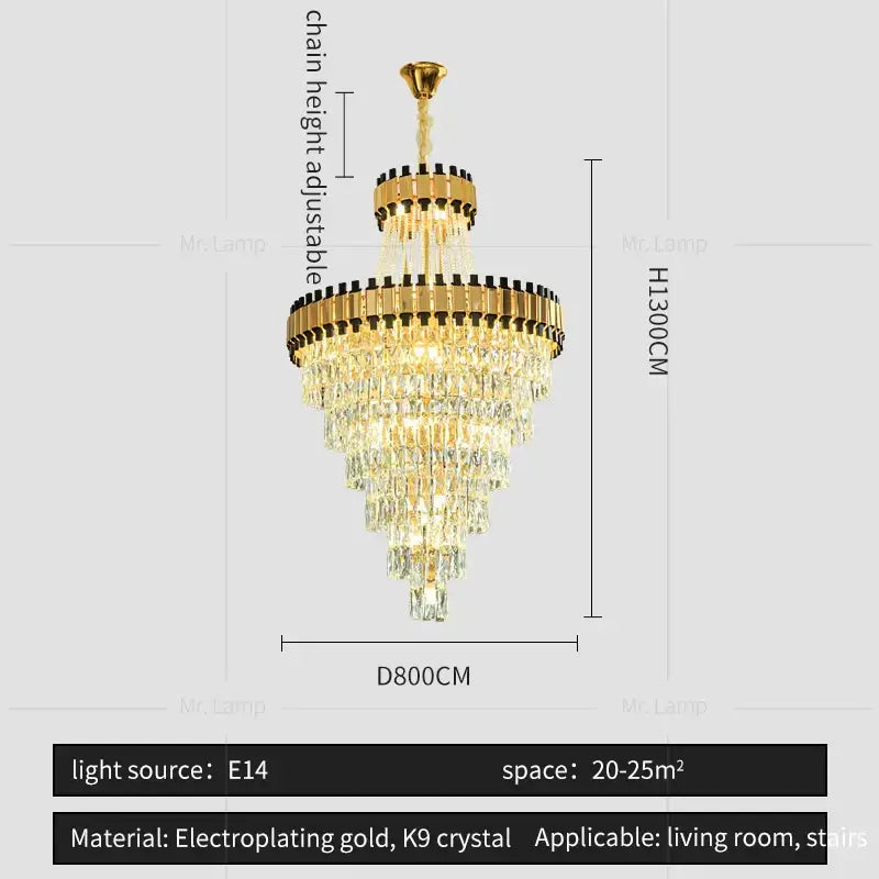 Gold electroplated decorbites crystal chandelier with cascading k9 crystal tiers for modern duplex villa and banquet hall