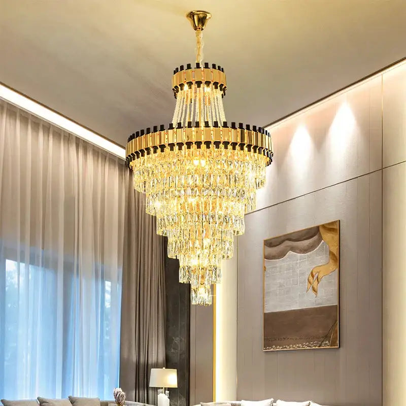 Decorbites crystal chandelier with cascading crystal tiers and black-accented rings for modern luxury spaces